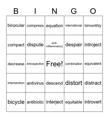 Vocabulary Roots Bingo Card