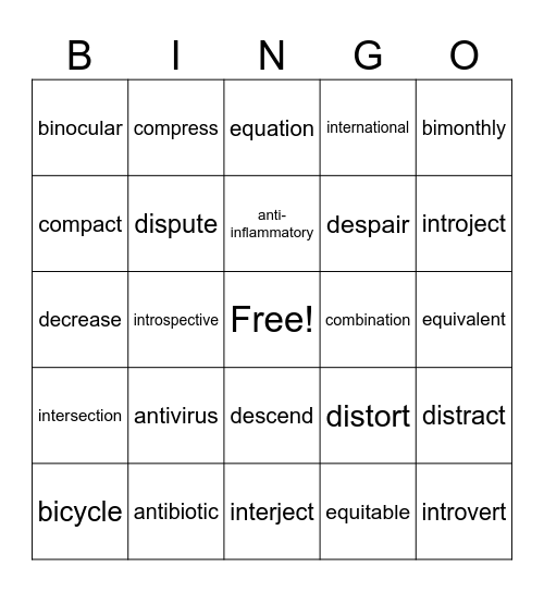 Vocabulary Roots Bingo Card