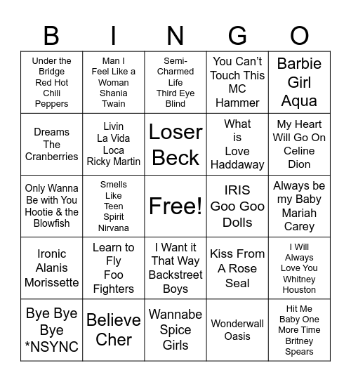90s Music Bingo Card