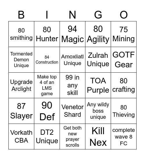 OSRS Goals Bingo Card