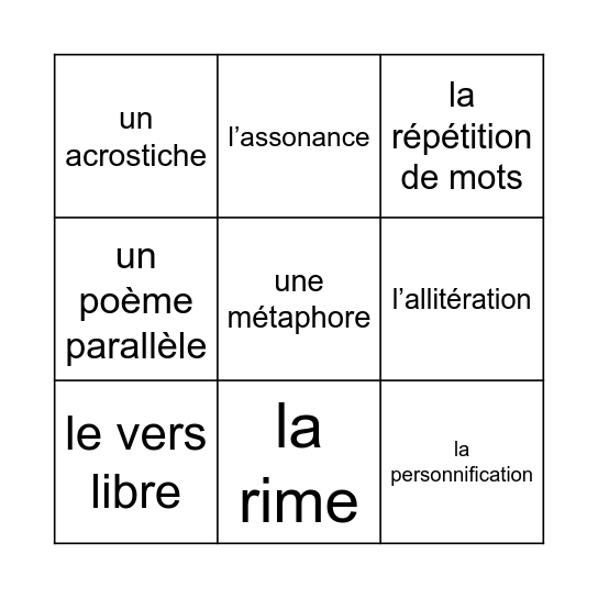 la Poésie Bingo Card
