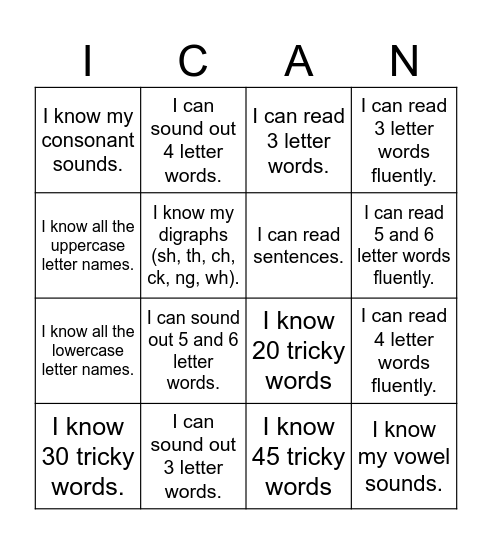 I can read simple sentences. Bingo Card