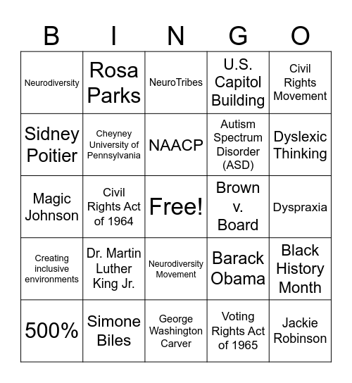VC and WL Black History Month Bingo Card