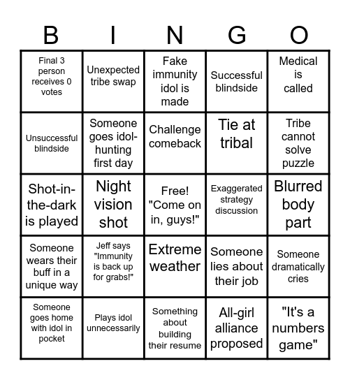 Survivor Bingo Card