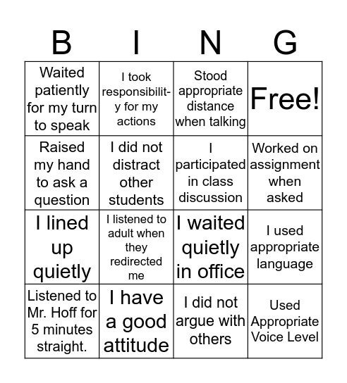 Sergio's Reward BINGO Card