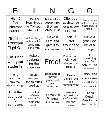 Kindness Bingo for Teachers Bingo Card