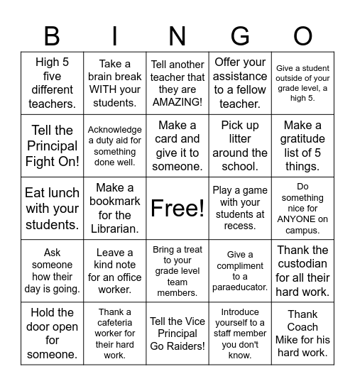 Kindness Bingo for Teachers Bingo Card
