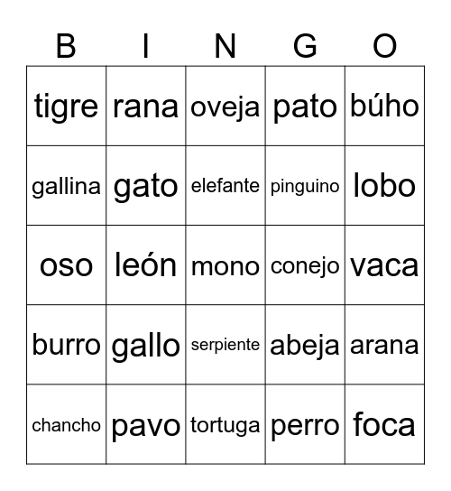 animales Bingo Card