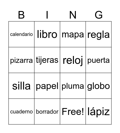 Cosas de la escuela Bingo Card