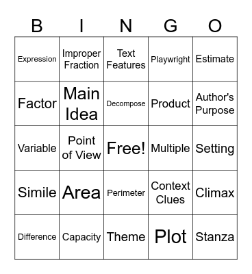 4th Grade Vocabulary Bingo! Bingo Card