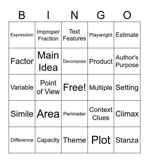 4th Grade Vocabulary Bingo! Bingo Card