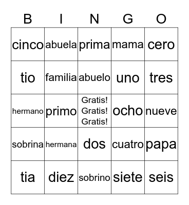 La Familia y Numeros Bingo Card