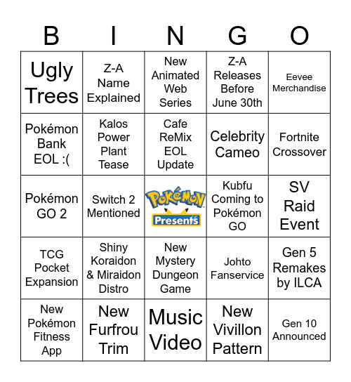 Pokémon Presents Bingo Card