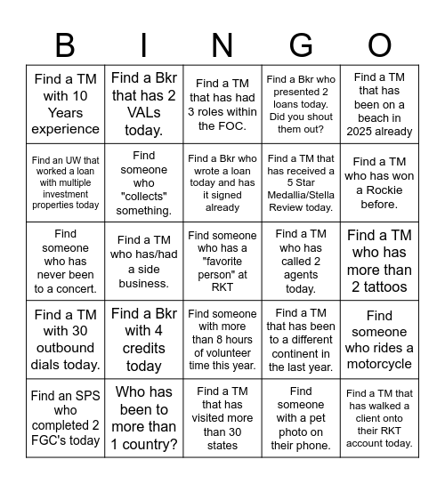 Banking/Ops Bingo Card