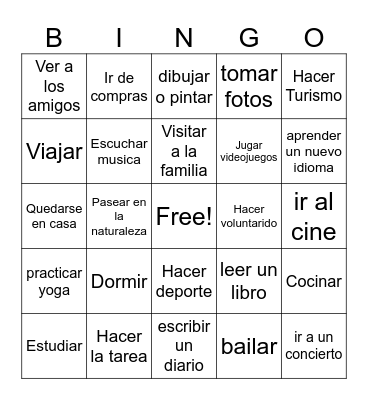 Spanish Weekend Activity Bingo Card