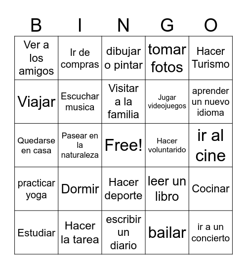 Spanish Weekend Activity Bingo Card