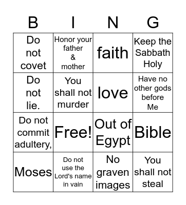 10 Commandment BINGO Card