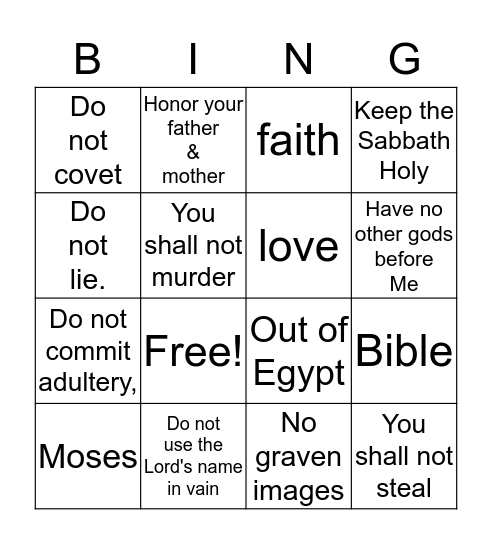 10 Commandment BINGO Card