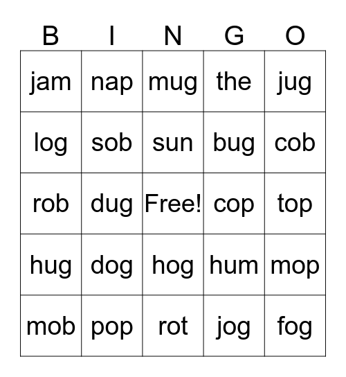 Ob, Op, Og, Ug Bingo Card