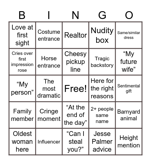 Grant Bachelor 2025 Bingo Card