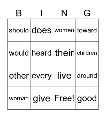 Sight Word bingo Card