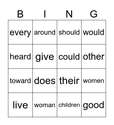 Sight Word bingo Card