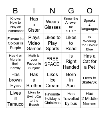 "Get to Know Me" Bingo Card