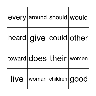 Sight Word bingo Card