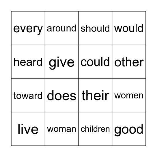 Sight Word bingo Card