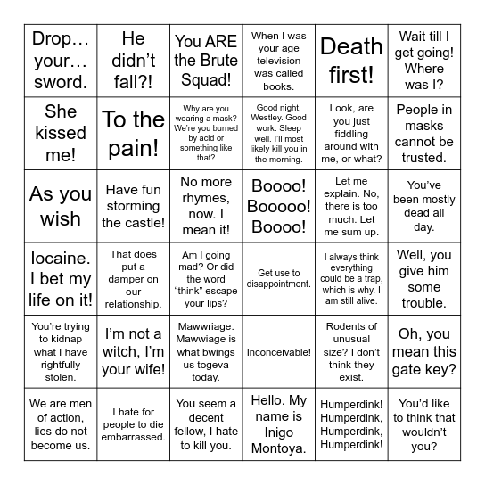 The Princess Bride Bingo Card