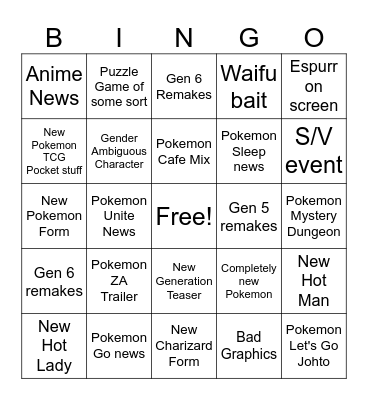 Pokemon Direct 2025 Bingo Card