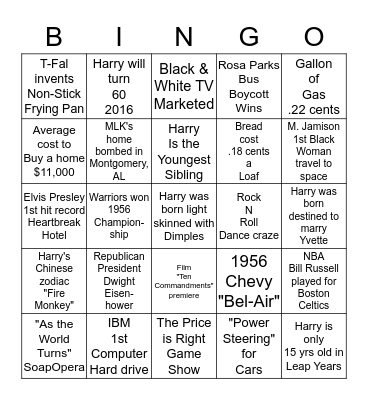 Harry Mackay & other popular events in 1956 Bingo Card