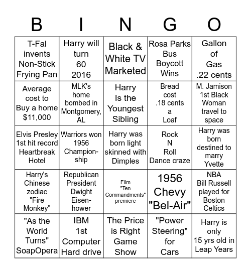 Harry Mackay & other popular events in 1956 Bingo Card