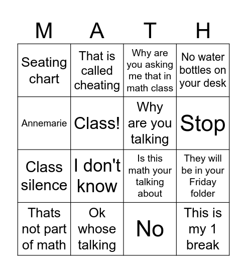 Math bingo Card