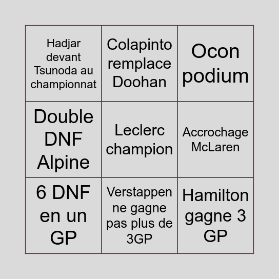F1 BINGO Card