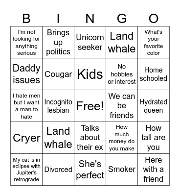 KCs dating bingo Card