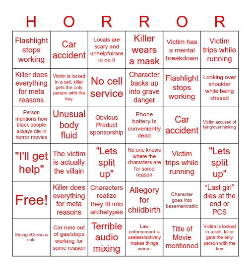 Horror Movie BINGO Card