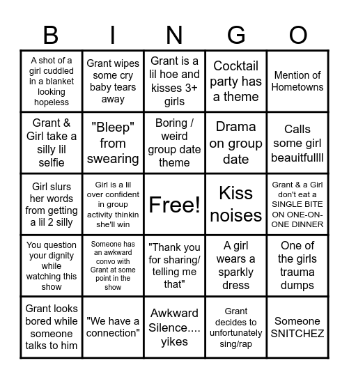 Bachelor BINGO Card