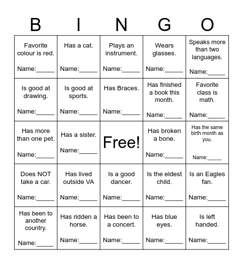 Class Mate Bingo Card