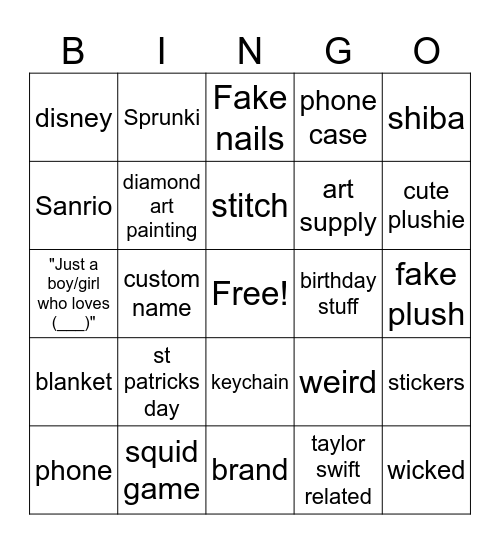temu Bingo Card