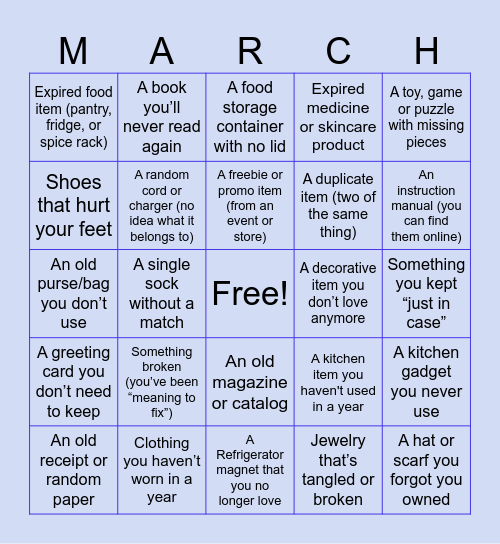 March forward to declutter your home! Bingo Card