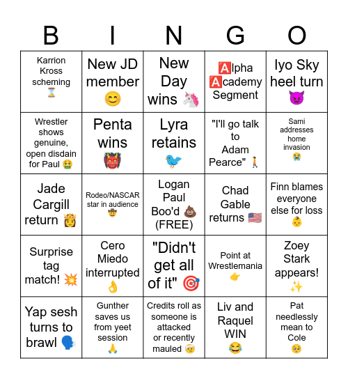 2/24/2025 RAW Bingo Card