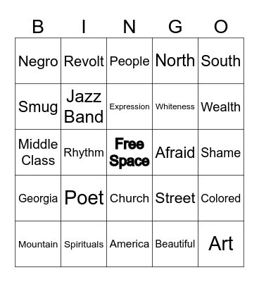 Langston Hughes Bingo Card