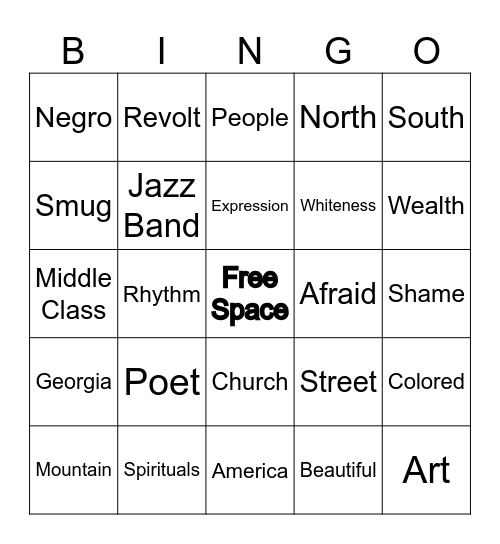 Langston Hughes Bingo Card