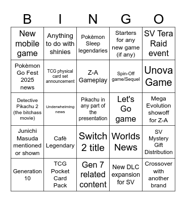 Pokèmon Presents Bingo Card