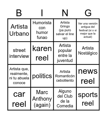 Bingo del Festival de Viña 2025 Bingo Card