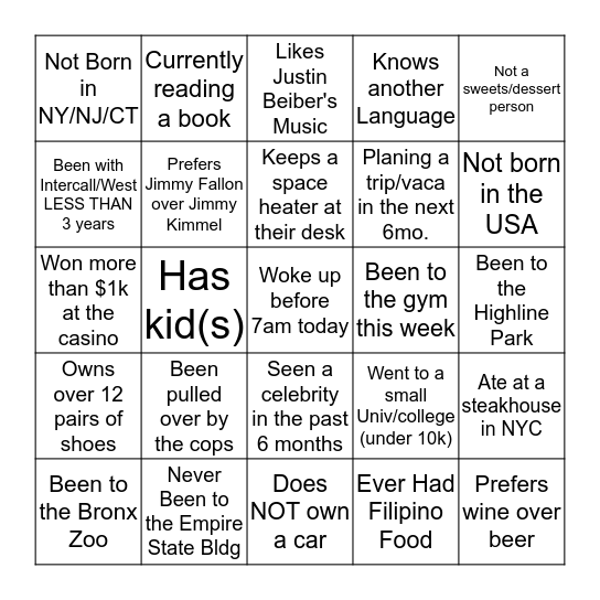 WEST FEST  - GET TO KNOW YOUR Co-workers Bingo Card