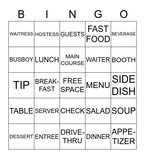 Restaurant Bingo Card