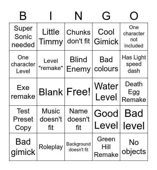 Classic Sonic Sim Bingo Card