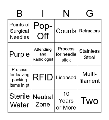 Sutures, Sharps, & Instruments Bingo Card